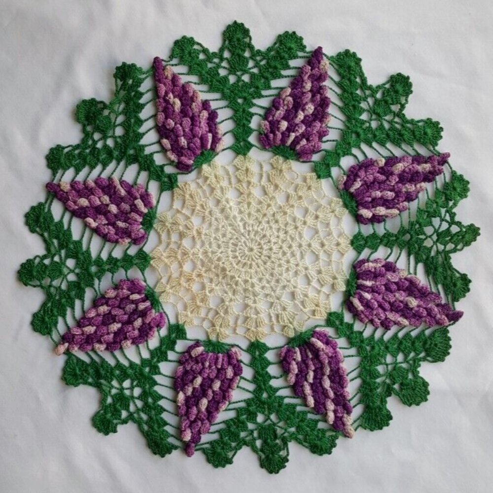 Vintage Handmade Crochet 3D GRAPES Table Mat Round Doily  - Beautiful Colors